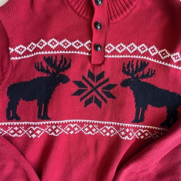 Chaps Men’s Christmas Fair Isle button ugly Sweater Red Black knit deer Sz L. - Picture 2 of 9